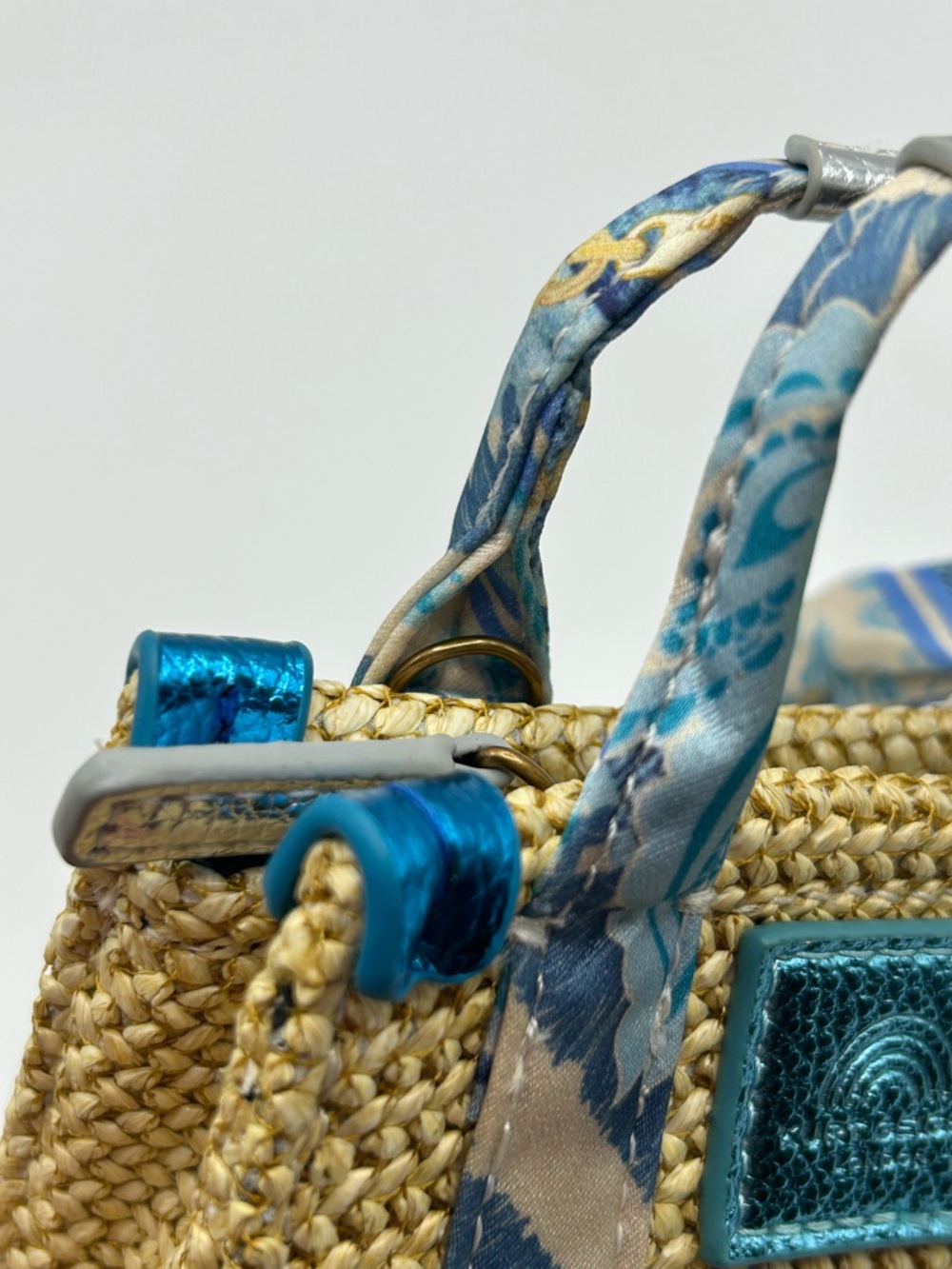 Kurt Geiger Straw Mini Bag with Blue & Cream Scarf Accents - Picture 10 of 10